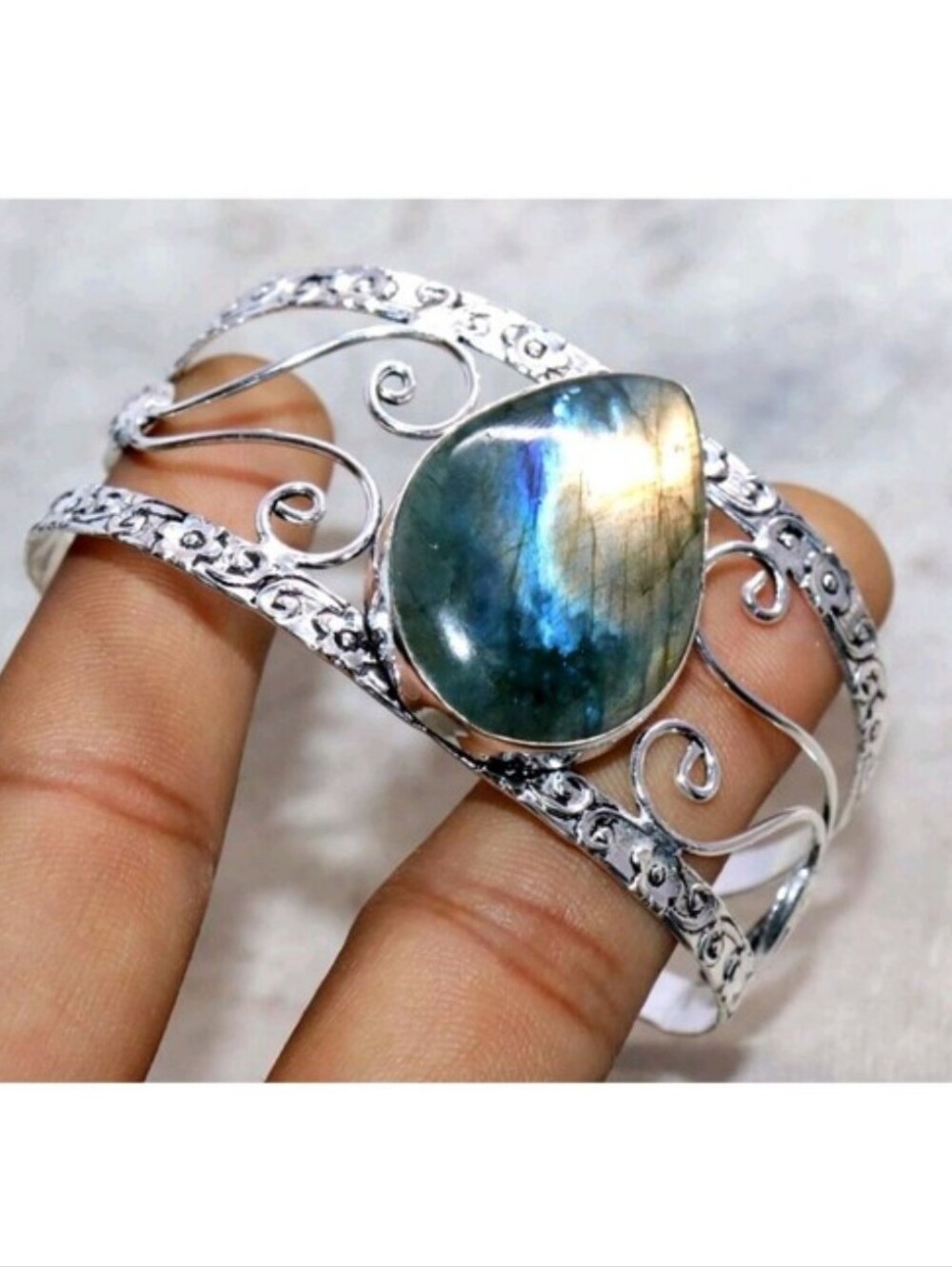 Labradorite Gemstone 925 Sterling Silver Handmade Adjustable Cuff Bracelet